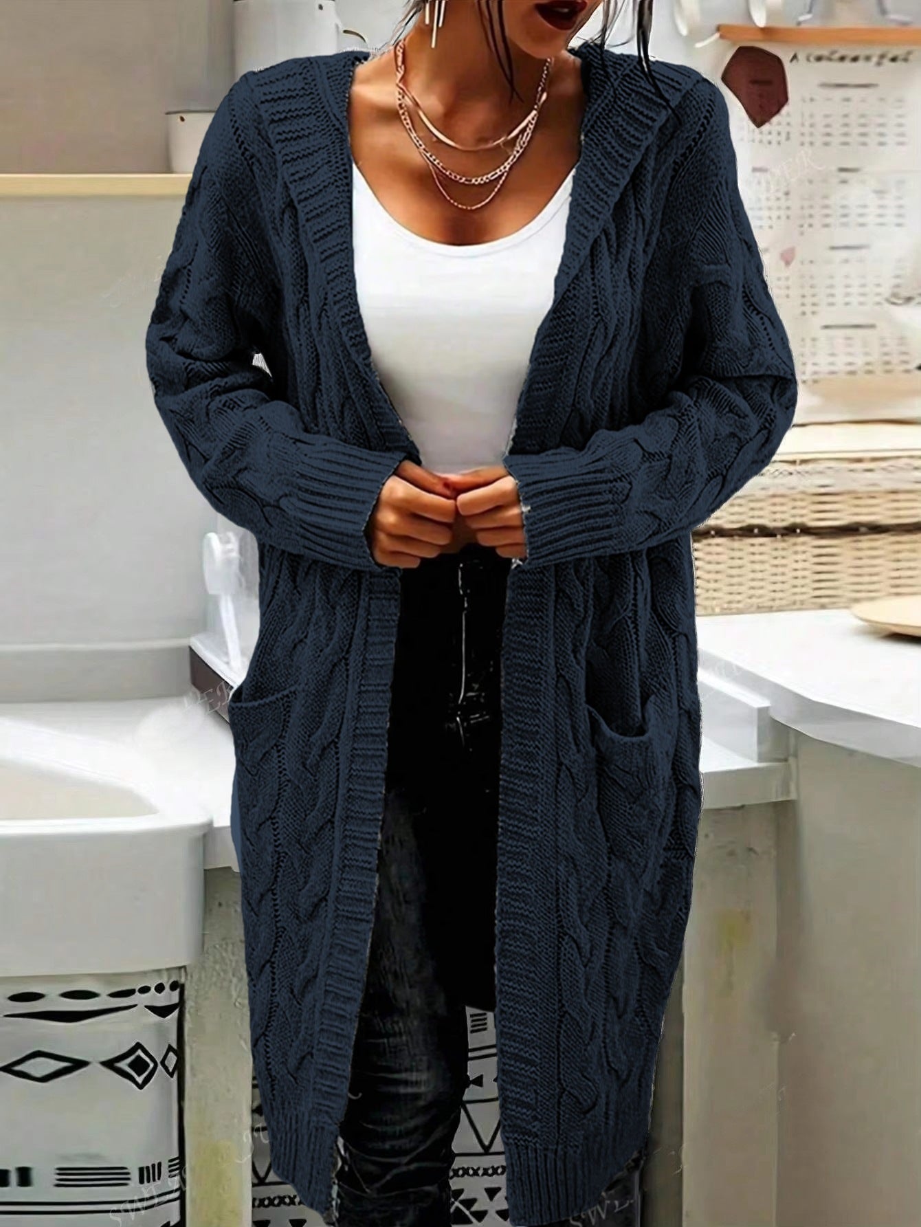 Street-Wave Cozy Women's Cable Knit Cardigan With Pockets In Relaxed Long Fit All Sizes