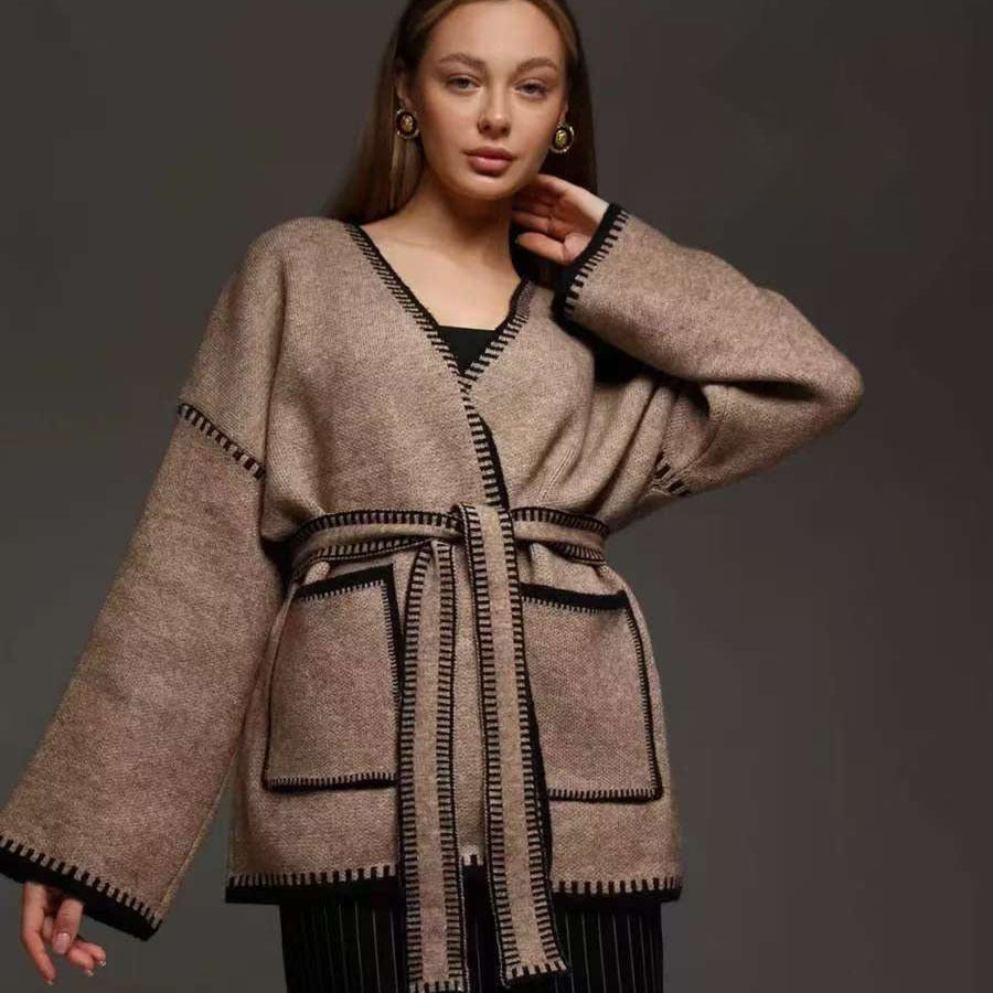 Street-wave Womens Cozy Knit Cardigan With Pockets And Waist Belt For Everyday Comfort