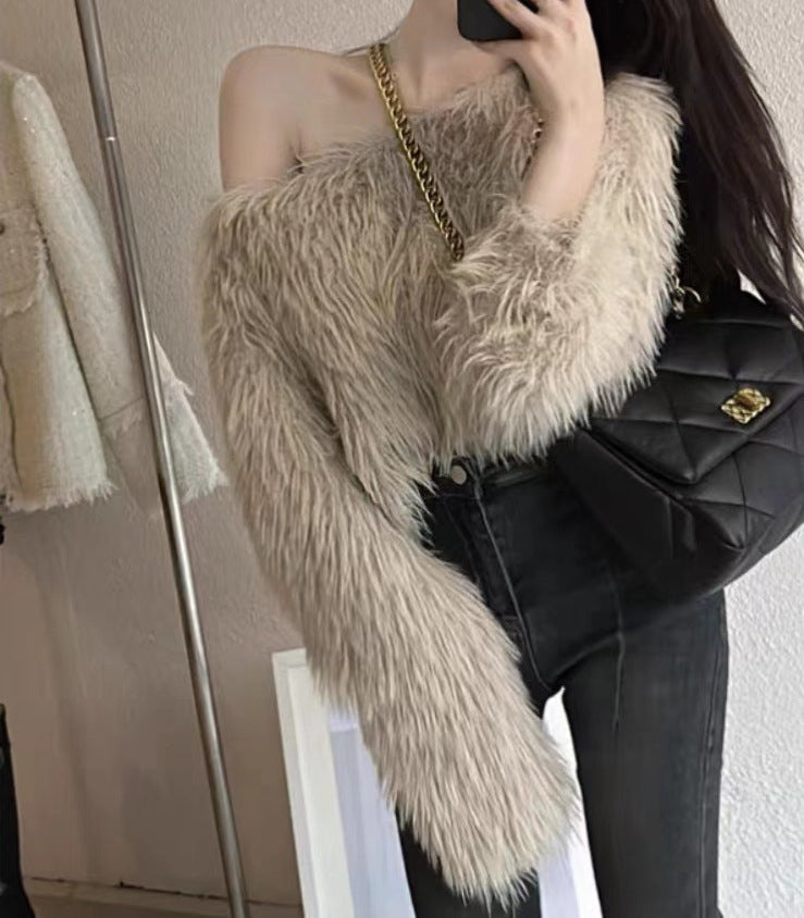 Street Wave Fluffy Off Shoulder Sweater For Women With Long Sleeves Cozy Chic Fuzzy Knit