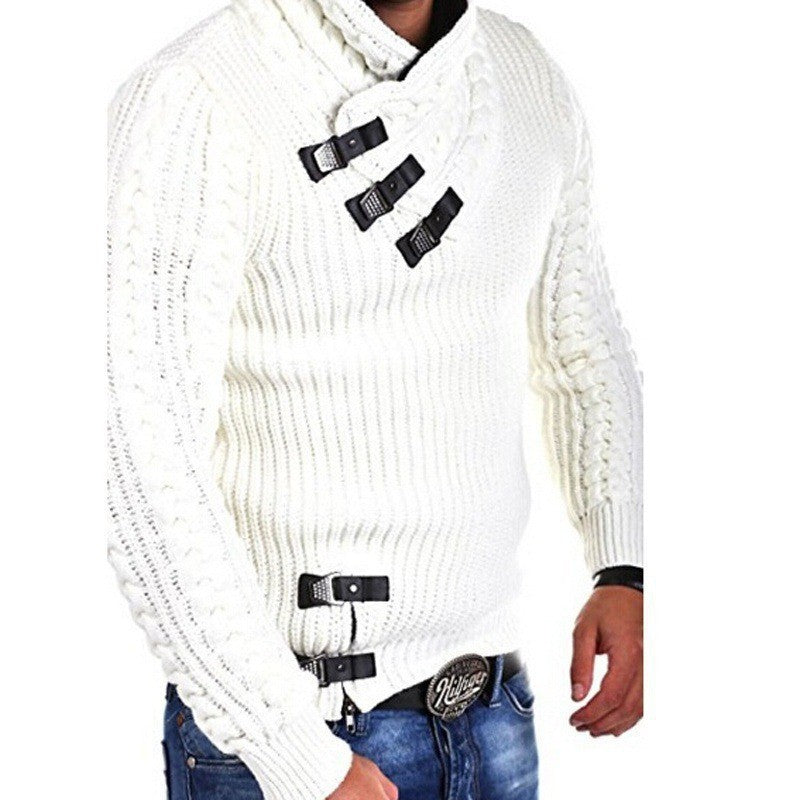 Street Wave Men's High Collar Cable Knit Sweater With Buckle Details For Warm Comfort And Style