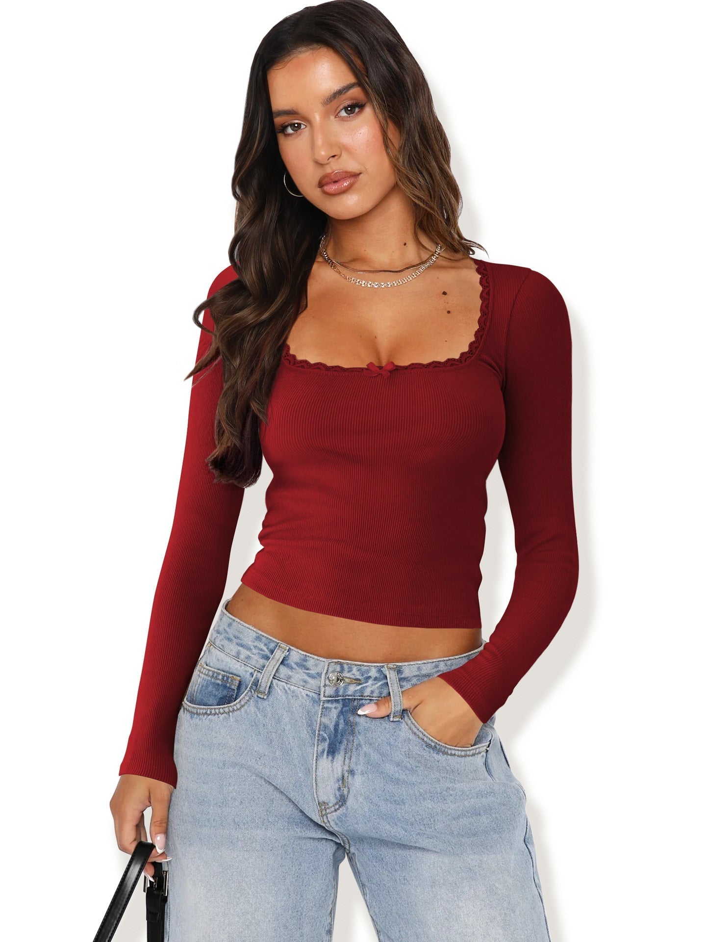 Street-Wave Women's Long Sleeve Top With Elegant Ruffle Neckline Fitted Silhouette