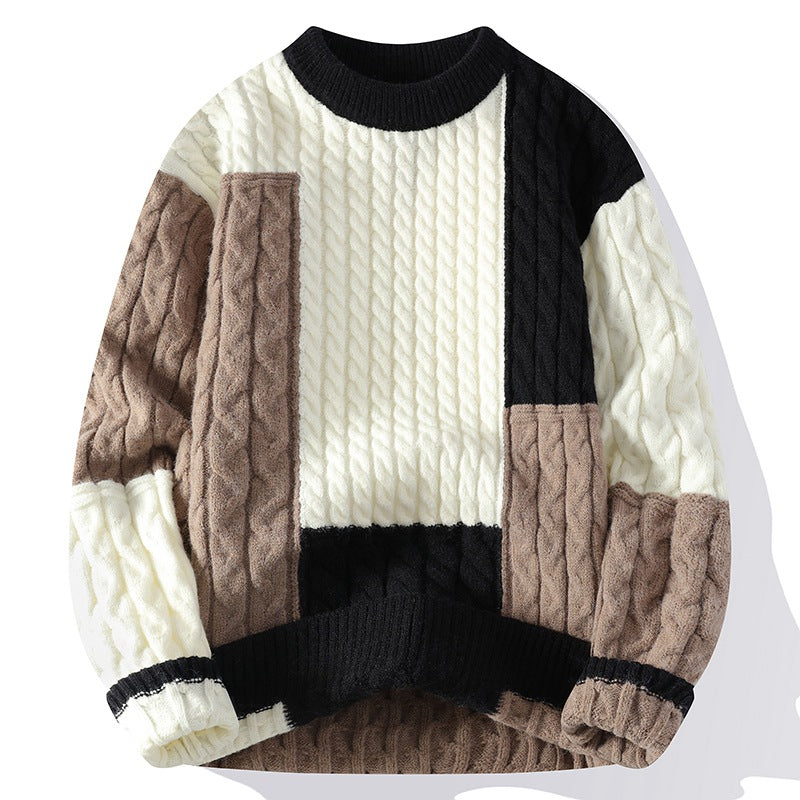 Street-wave Men Cable Knit Sweater Patchwork Color Block Warm Cozy Comfort Wear Edition