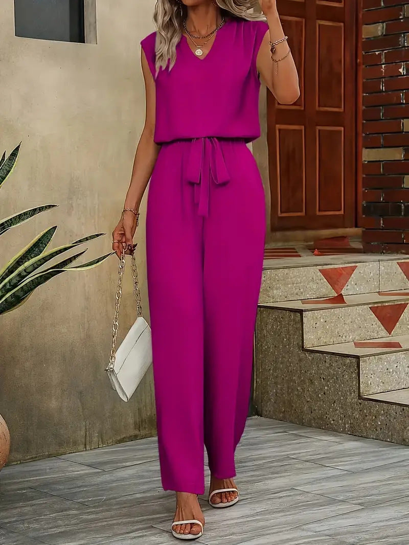 Street Wave Elegant Jumpsuit For Women With V Neck And Waist Tie For Weddings And Parties