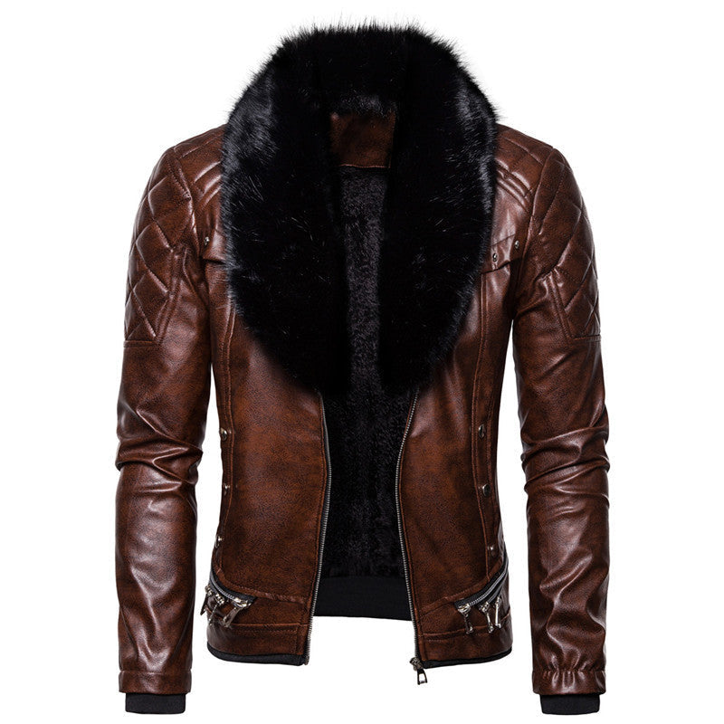 Mens Stylish Faux Leather Jacket With Removable Fur Collar And Speckled Texture Street Wave