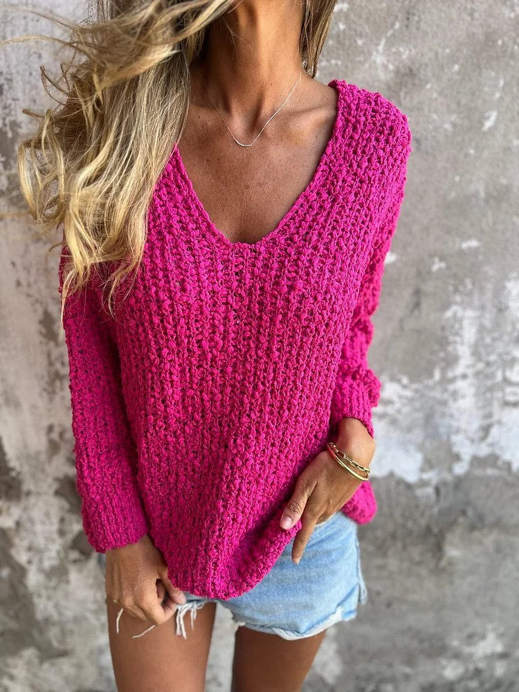 V-Neck Knit Pullover For Women Street-Wave Cozy Relaxed Fit Sweater With Soft Flattering Silhouette