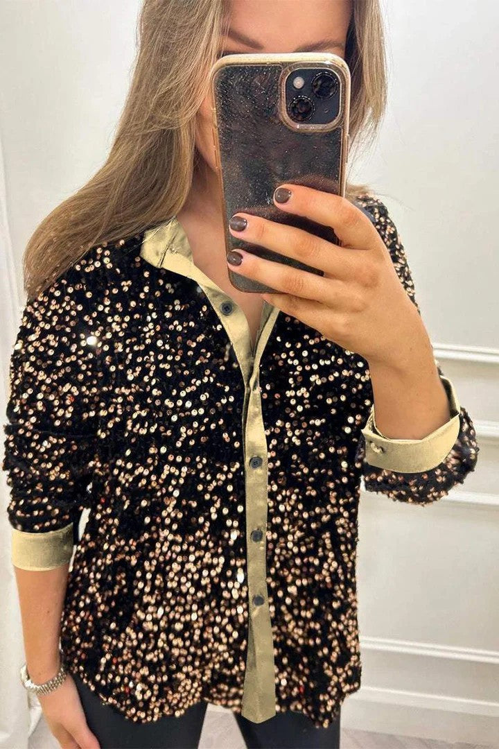Street-Wave Womens Sequin Blouse With Classic Collar Sparkling Evening Glamour Top