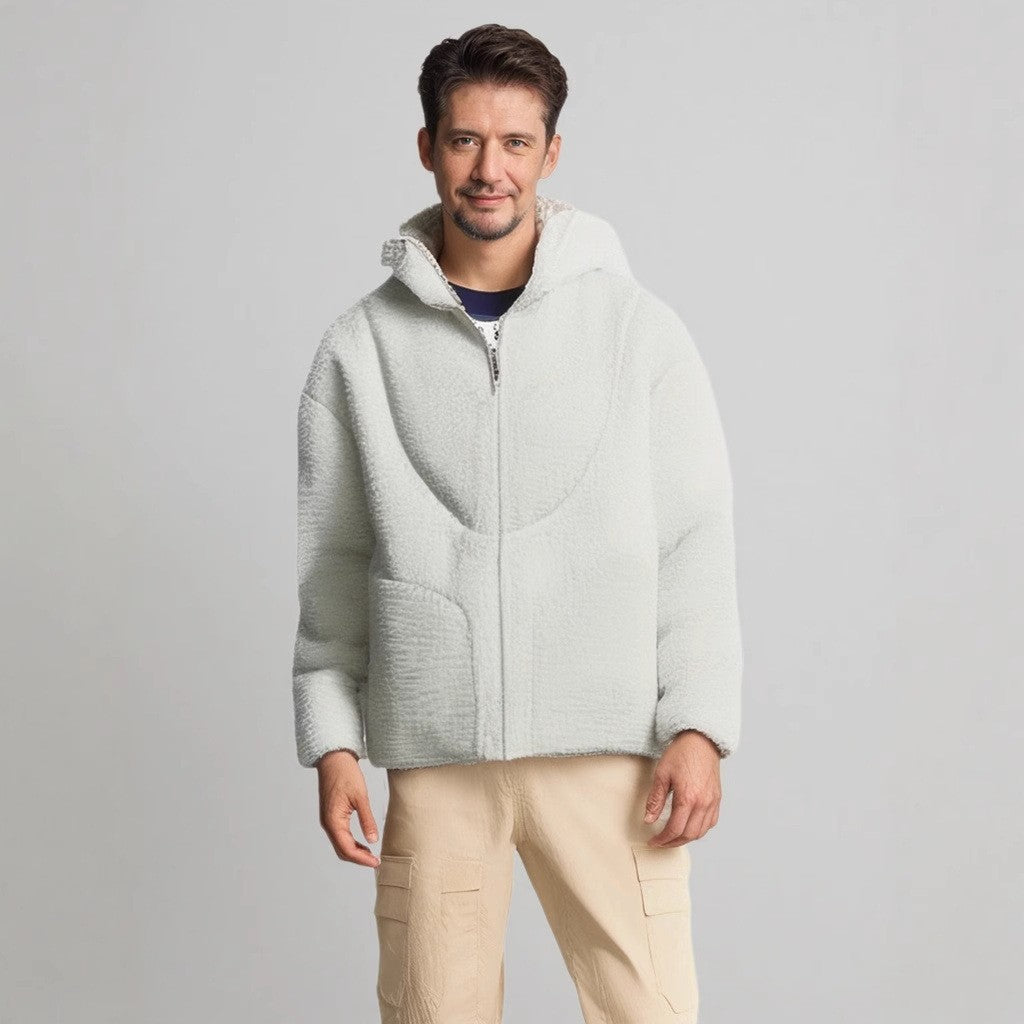 Street Wave Mens Cozy Teddy Jacket With Contrast Stitching For Cold Days Comfort