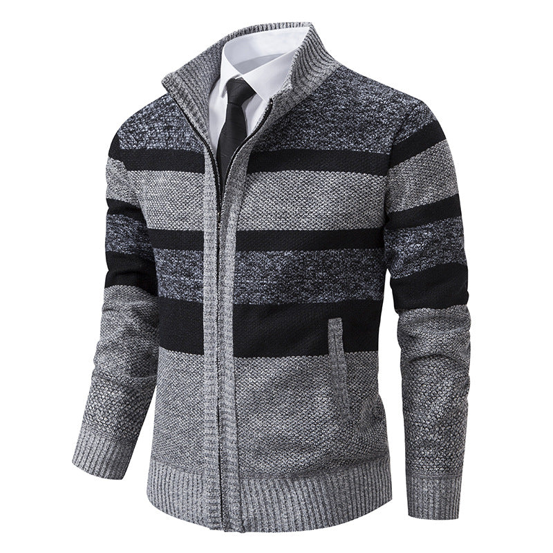 Mens Cardigan With Stand Collar Streetwave Modern Stripe Pattern For Men Stylish Versatile Warm Knitwear
