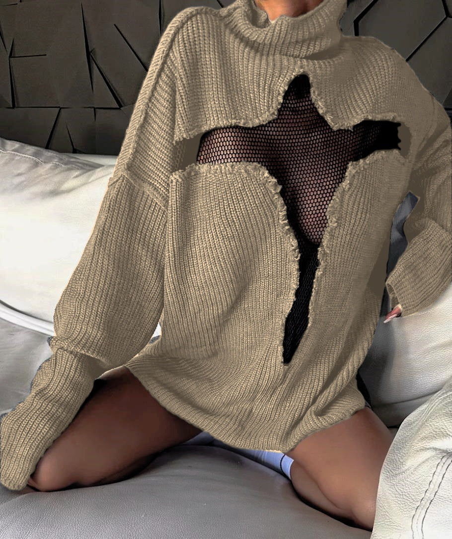 StreetWave Oversized Knit Sweater With Mesh Insert For Women Bold Unconventional Design Soft Comfort