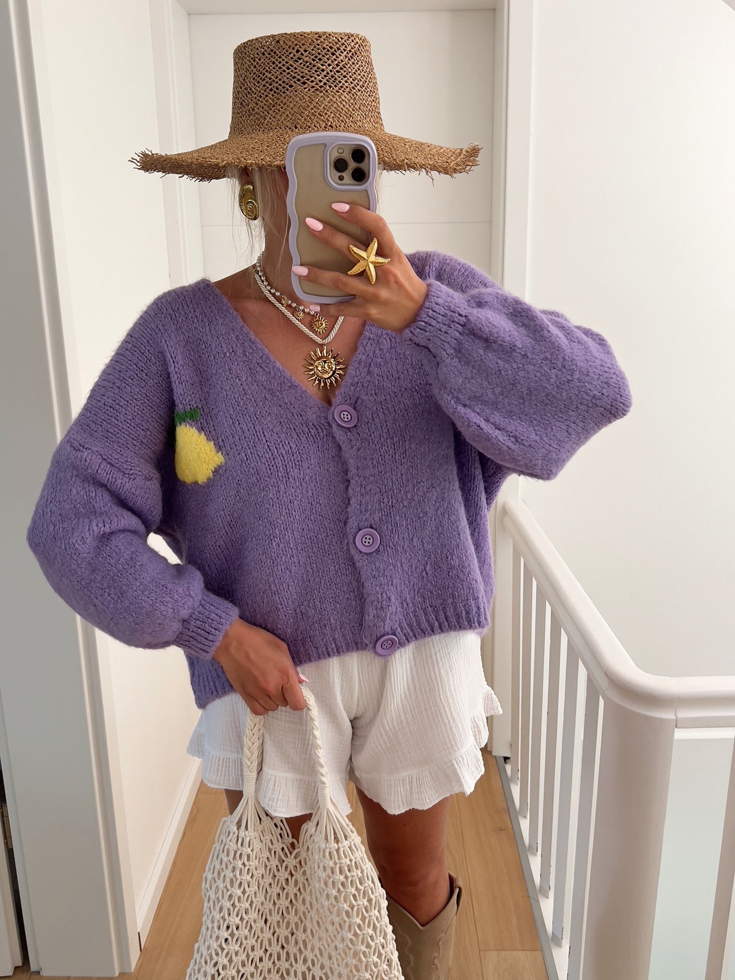 Street-wave Ladies Chunky Knit Cardigan With Lemon Motif And Cozy Warmth For Modern Women