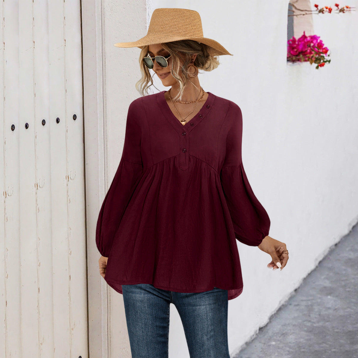 Street Wave Womens Blouse Shirt With Button Details And V Neck Relaxed Fit For Everyday Wear