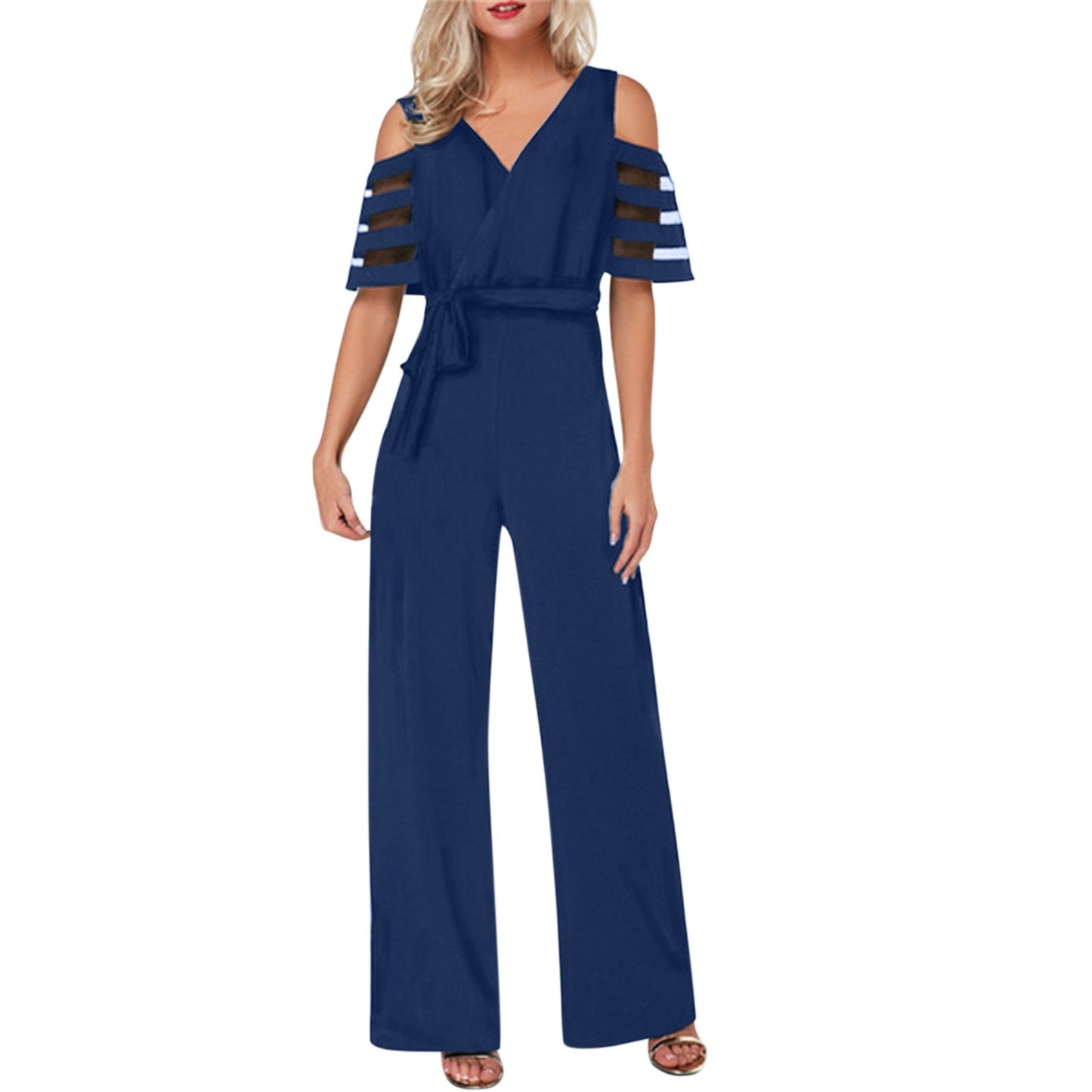 Street-Wave Elegant Women Jumpsuit With Sheer Sleeve Details And Waist Belt For Formal Evenings