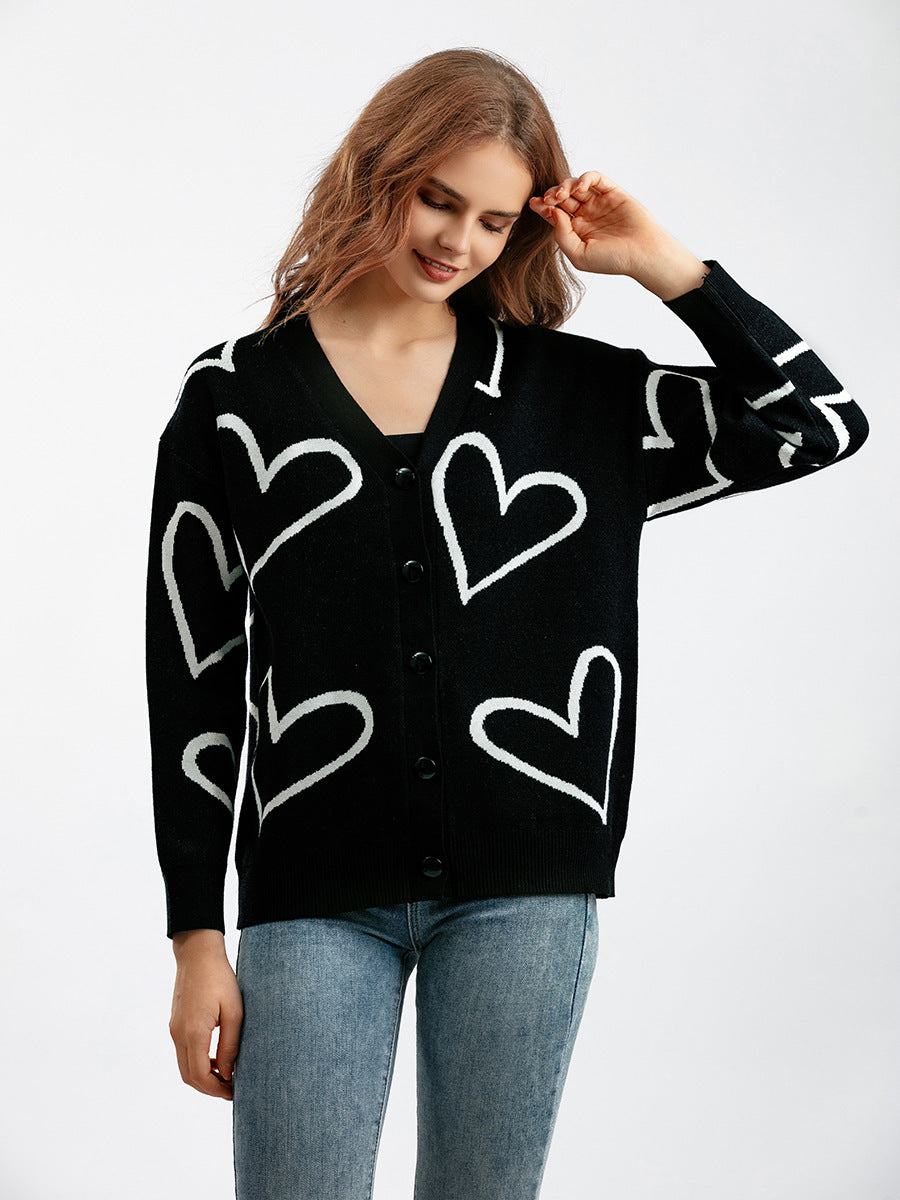 Street Wave Womens Heart Motif Cardigan With Loose Fit Soft Cozy Knitwear For Everyday Style