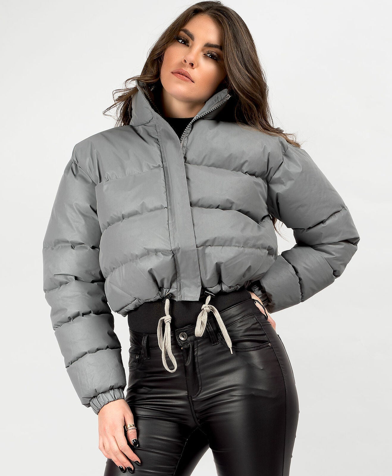Street-wave Womens Short Puffer Jacket Trendy Insulated Coat With Drawstring Hem Cozy Comfort