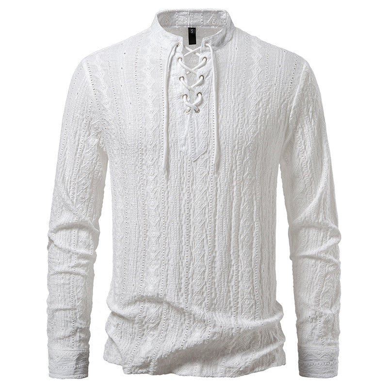 Street-Wave Men's Long Sleeve Shirt With Lace Up Front Design For Style Conscious Wearers Breathable Cotton Comfort