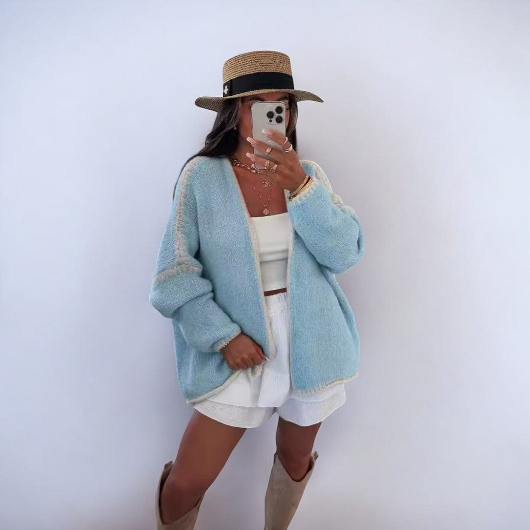 Street-Wave Oversized Knit Cardigan For Women, Cozy Warmth With White Trim, Elegant Style