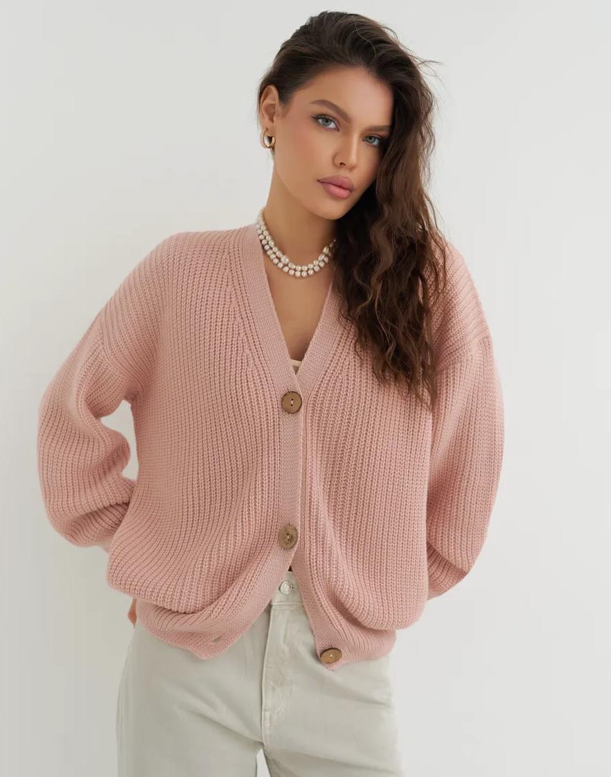 Street-Wave Women's Knit Cardigan Cozy Soft Cotton Loose Fit With Wooden Buttons Casual Everyday Wear
