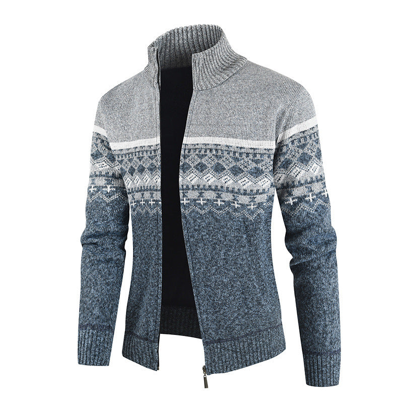 Street-Wave Men's Knit Cardigan With Geometric Pattern And High Collar Breathable Cotton