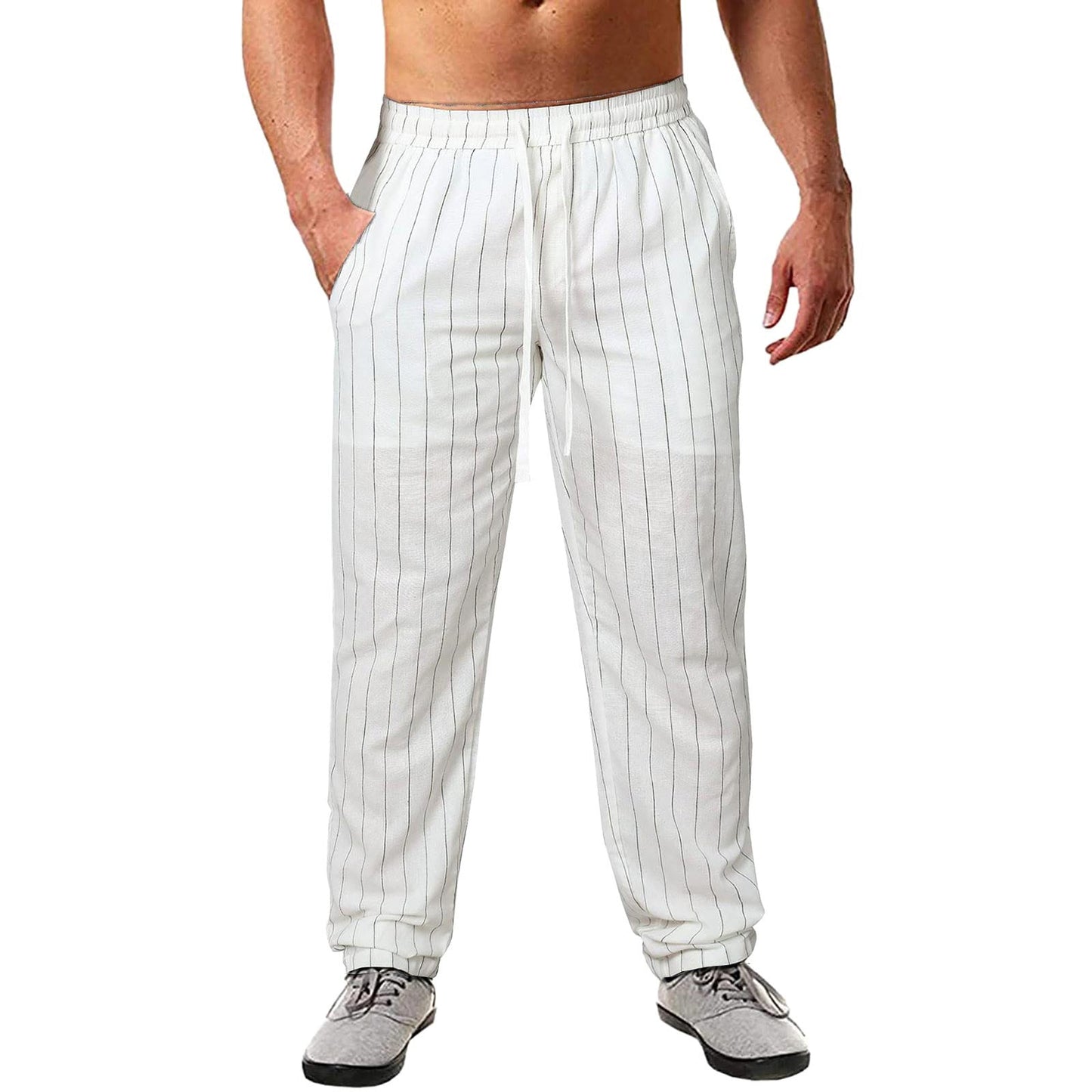 Mens Striped Cotton Blend Pants With Elastic Waistband And Pockets Streetwave Everyday Comfort