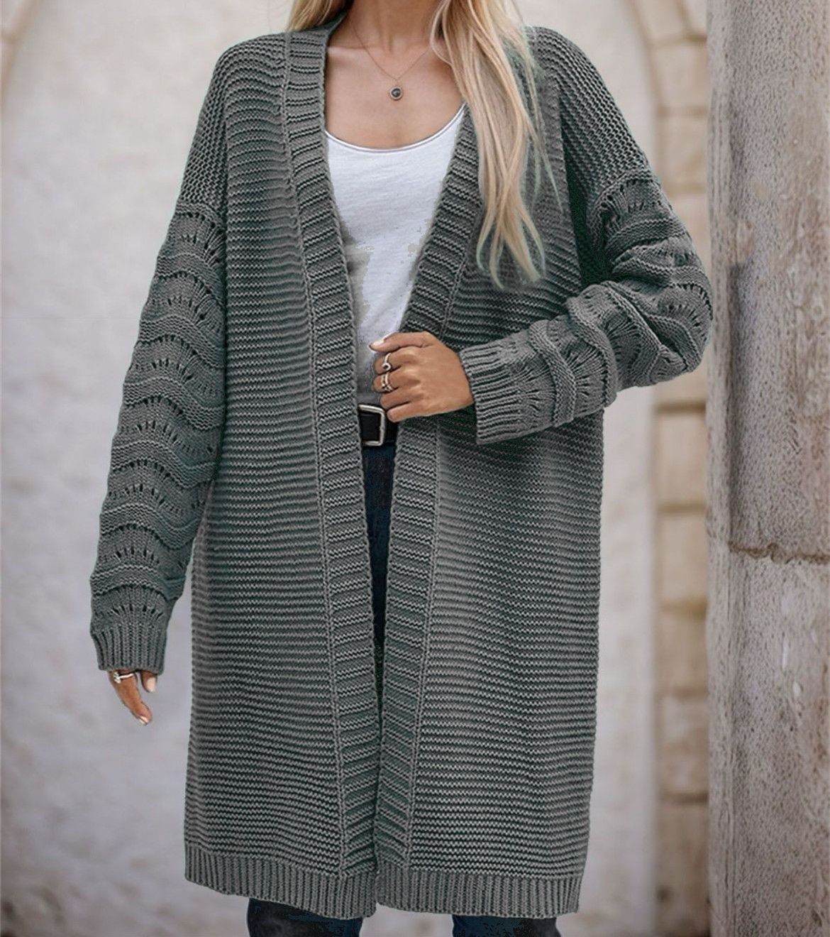 Street-wave Women Long Knit Cardigan With Airy Mesh Knit Open Front For Cozy Everyday Style