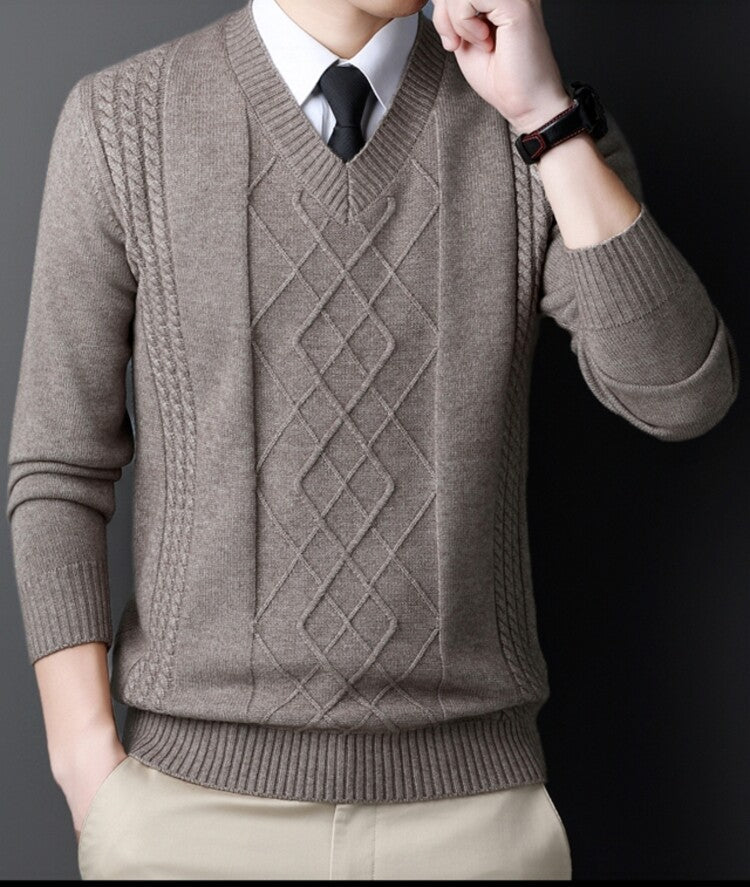Streetwave Mens V Neck Cable Knit Sweater Premium Wool For Modern Professionals Everyday Wear