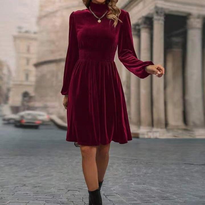 Velvet Dress For Women Street-wave High Neck Long Sleeve Elegant Silhouette Ideal For Events