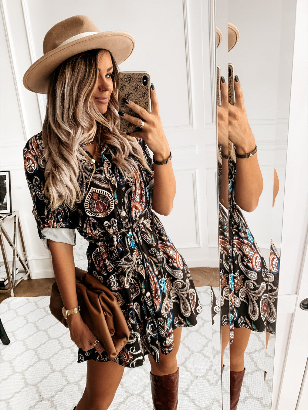 Street-Wave Womens Geometric Print Shirt Dress With Cinched Waist Knot For Chic Modern Women