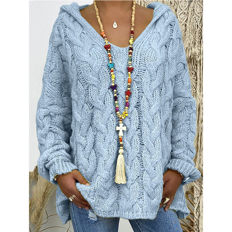 Streetwave Womens Chunky Knit Hoodie With V Neck And Decorative Drawstring For Cozy Everyday Comfort
