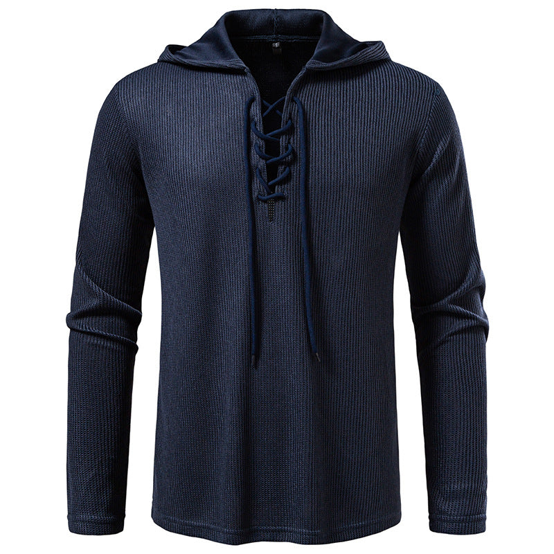 Street-Wave Men's Lace-Up Hooded Pullover With Textured Knit Design For Modern Streetwear Comfort