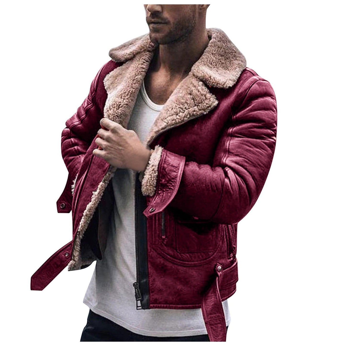 Streetwave Mens Leather Jacket With Teddy Fur Collar Warm Cozy Insulated Winter Ready