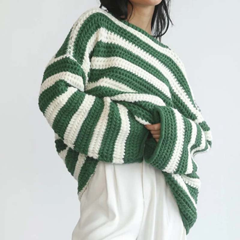 Street-wave Striped Knit Pullover Cozy Warmth For Women