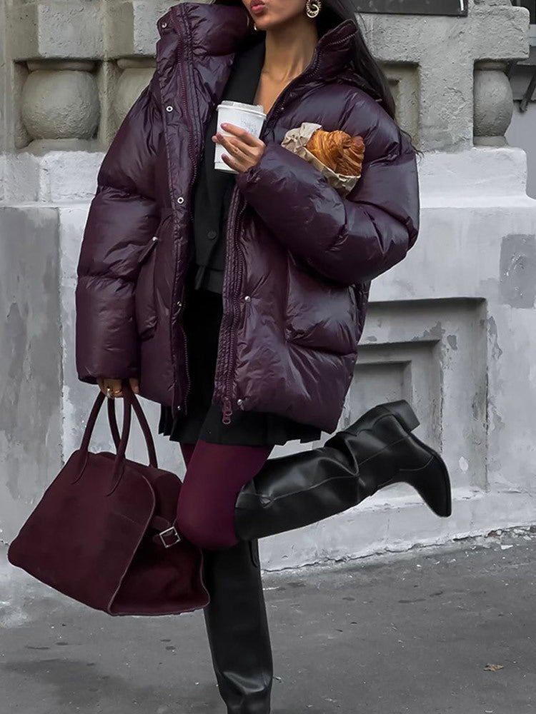 Street-Wave Women's Oversized Down Jacket With Visible Quilted Design And High Collar