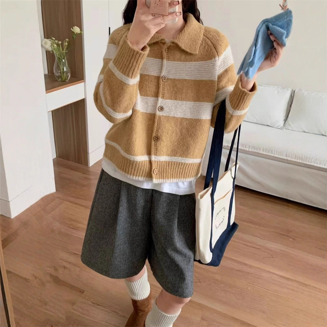 Street Wave Womens Cardigan With Classic Collar Soft Wool Blend Striped Pattern For Everyday Wear Effortless Chic