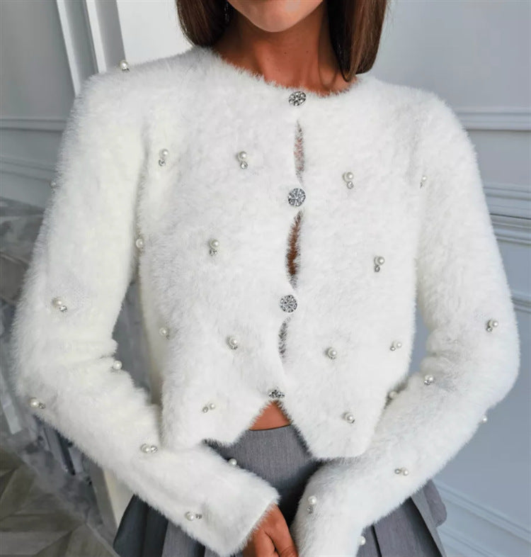 Street-Wave Women's Fluffy Knit Cardigan With Pearl Buttons And Elegant Silhouette