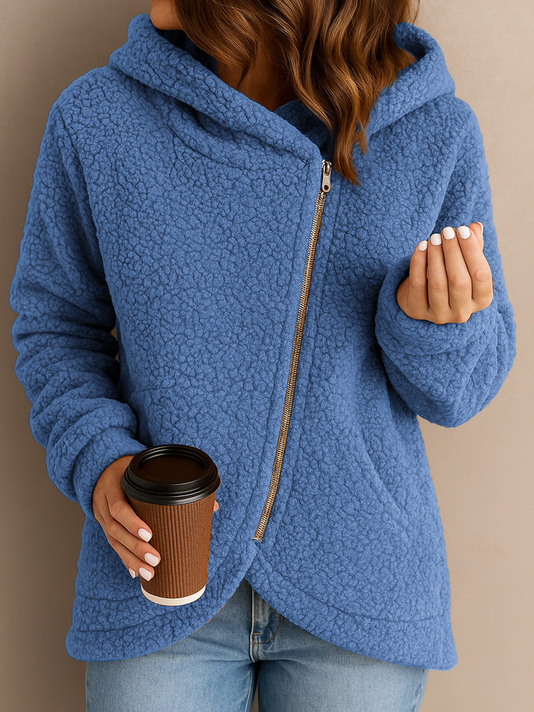 Street-wave Womens Fluffy Fleece Hoodie With Asymmetric Zip For Cozy Warmth Everyday Wear For Active Lifestyles