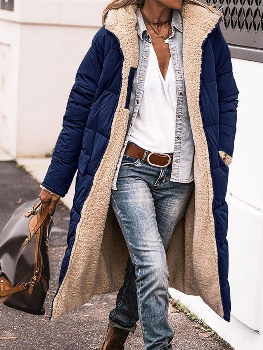 Street-wave Women Long Puffer Jacket With Cozy Fleece Lining Hooded Insulated Comfort Winter Coat