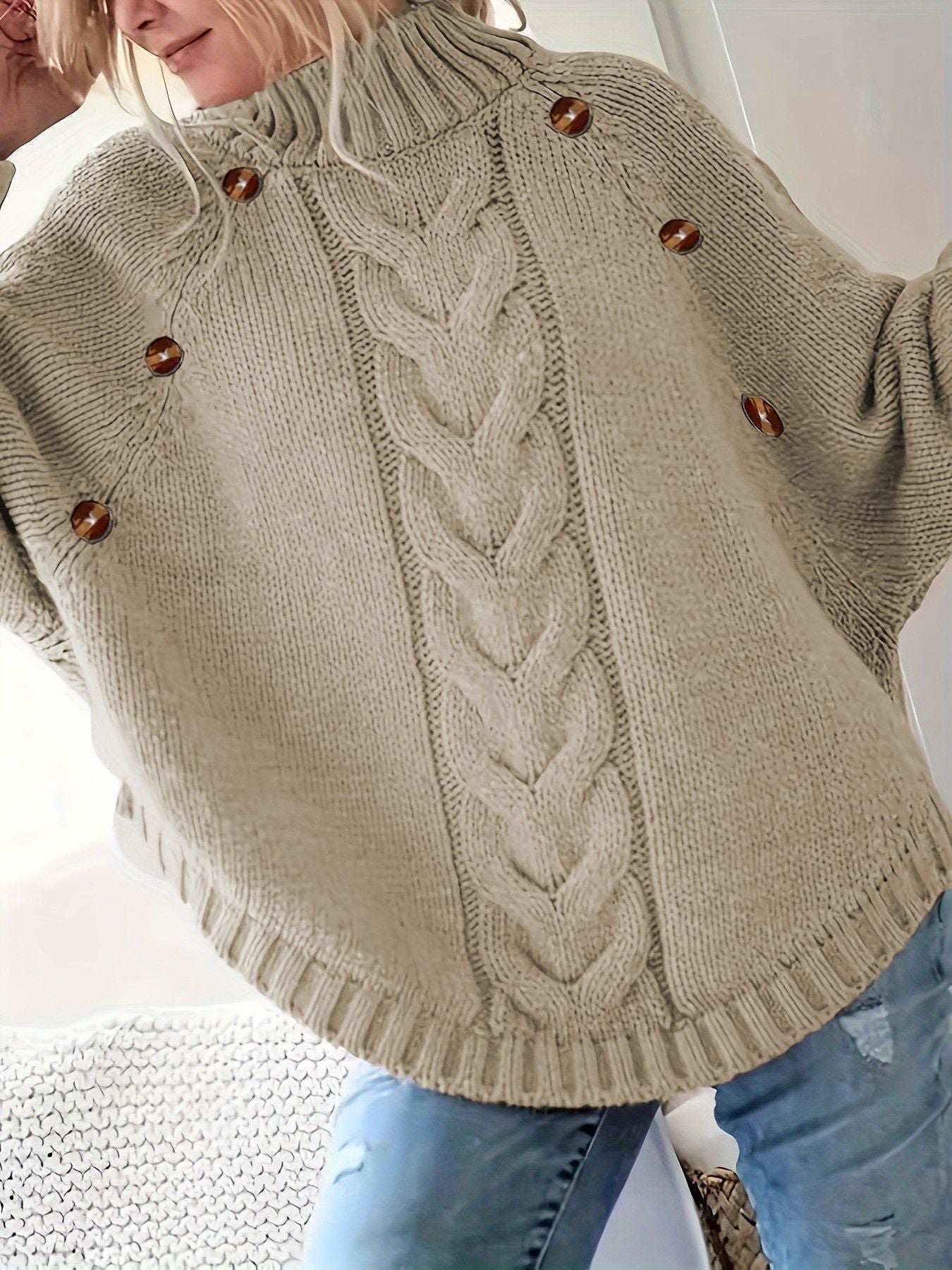 Women Oversized Cable Knit Sweater With High Collar And Button Details Streetwave Cozy Warmth