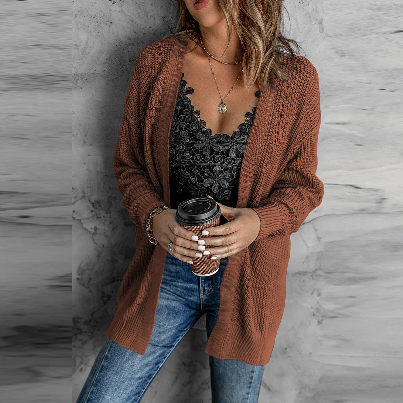 Street-Wave Stylish Open Knit Cardigan For Women With Light Lace Texture And Comfortable Fit