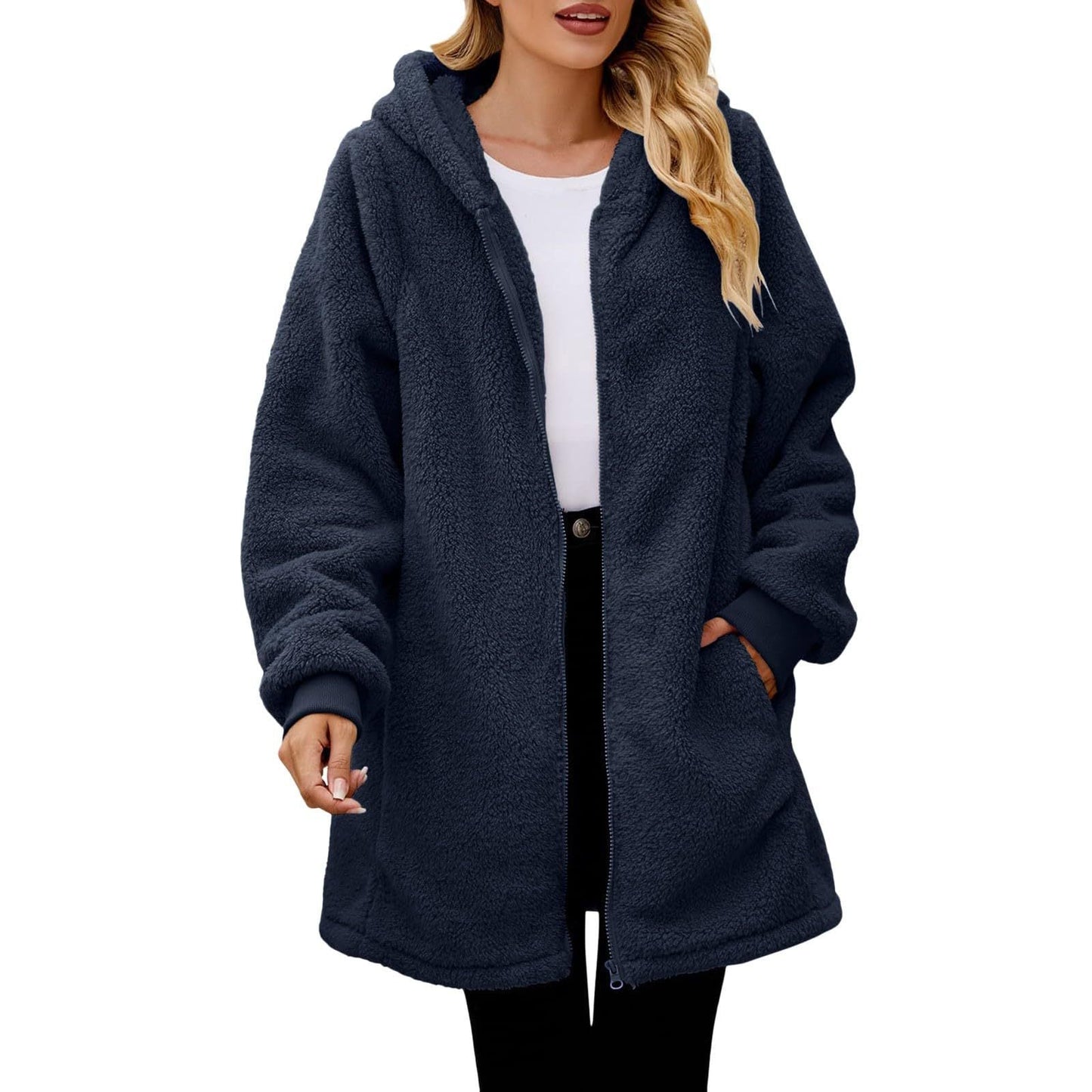 Street-Wave Womens Cozy Fleece Jacket With Hood Oversized Fit Soft Plush Texture Side Pockets