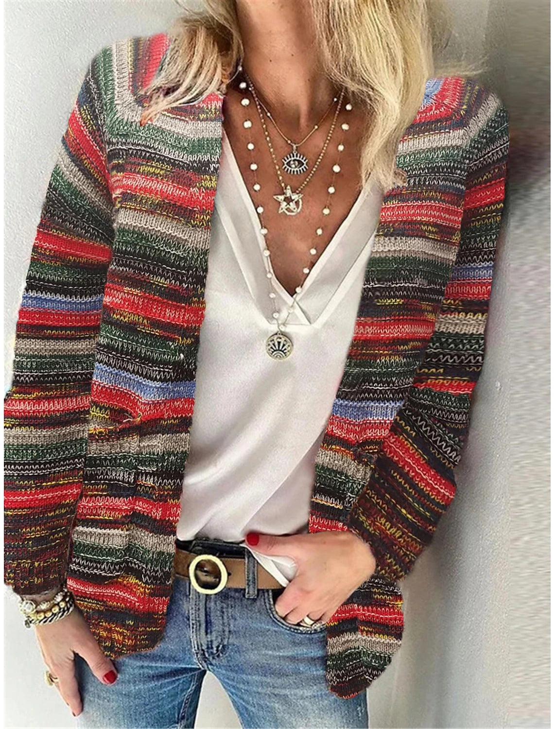 Street-wave Open Knit Cardigan For Women With Colorful Stripes Casual Fit Lightweight Versatile Spring Fall Essential