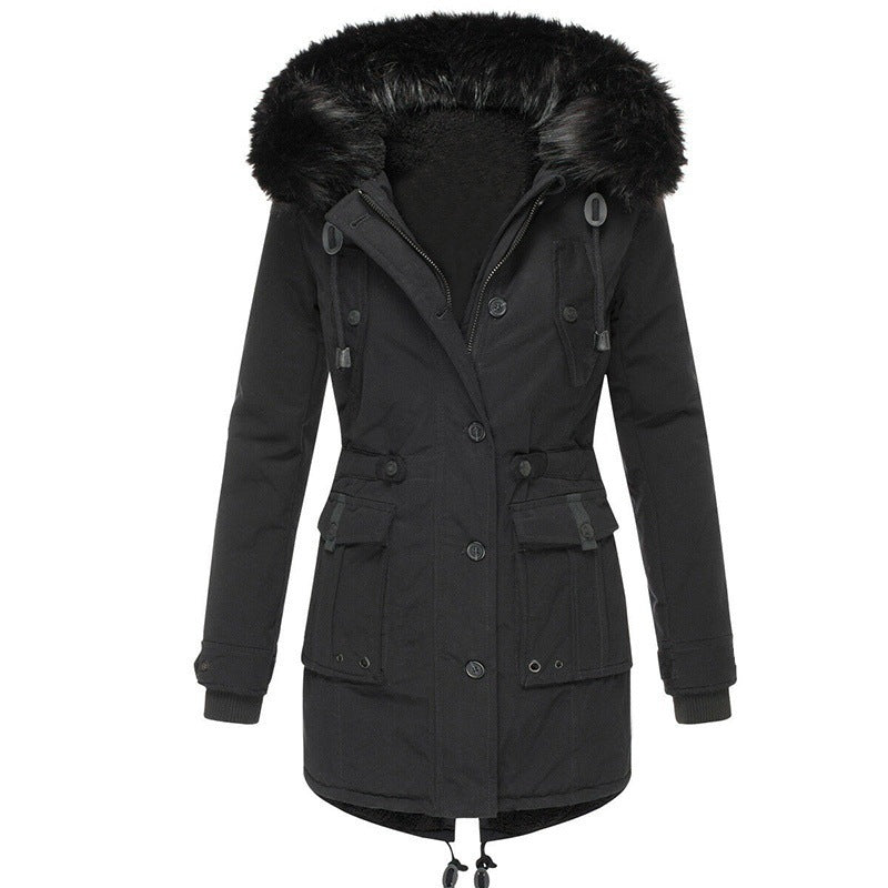 Street-Wave Long Winter Coat For Women With Fur Trim Hood And Button Closure For Cold Weather