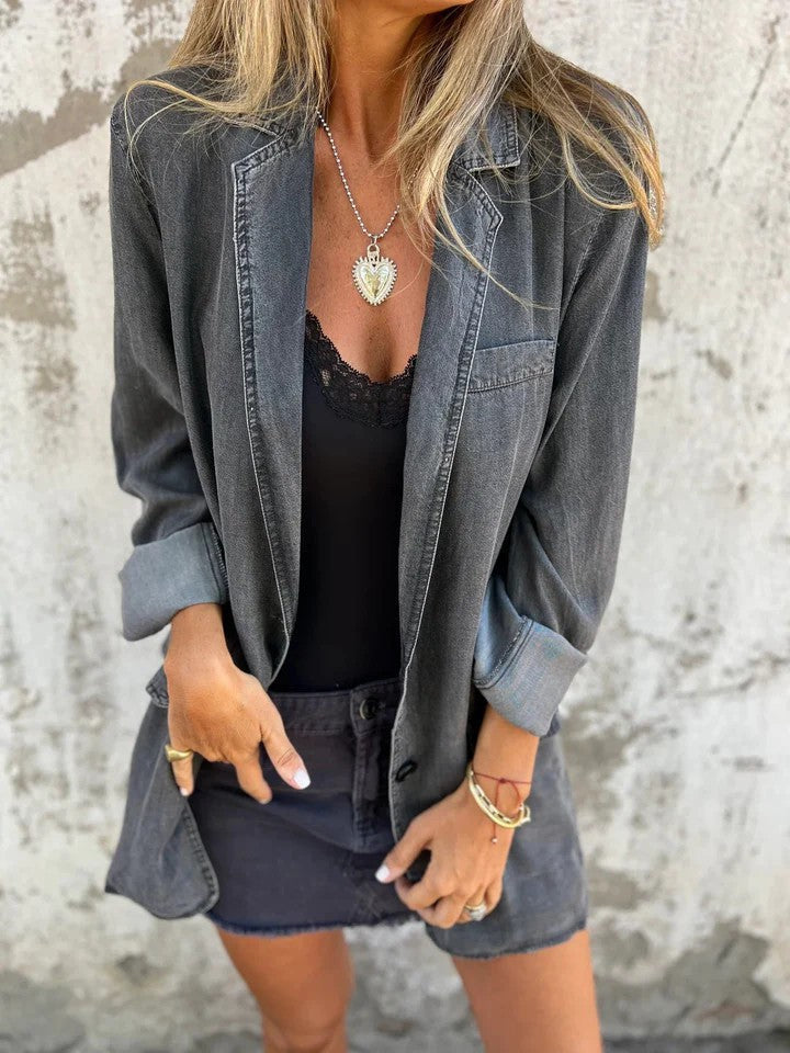 Street-Wave Denim Mid-Length Jacket With Relaxed Lapel Collar For Women Everyday Wardrobe Essential