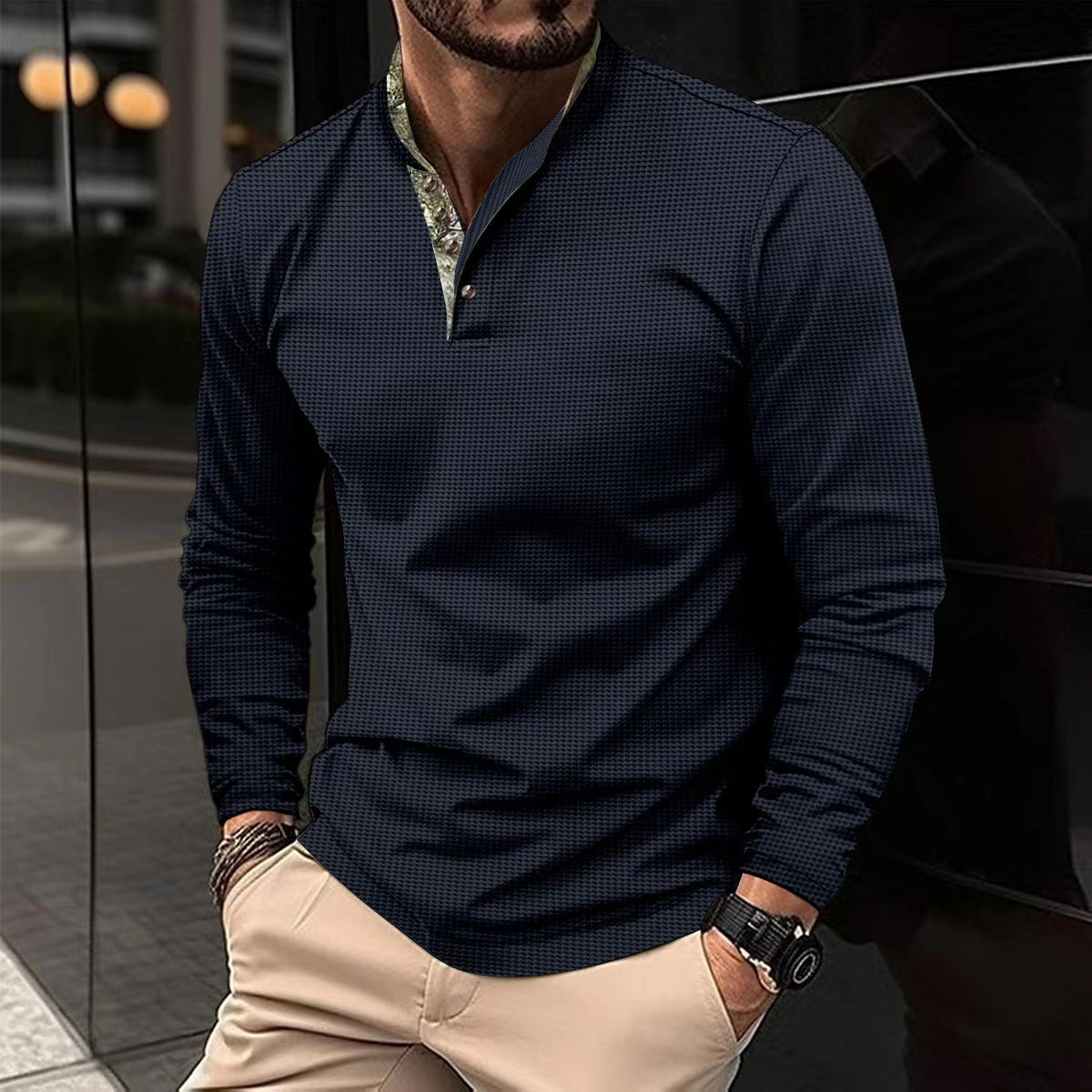 Streetwave Mens Long Sleeve Shirt With Modern Stand Collar For Smart Casual Wear Breathable Comfort