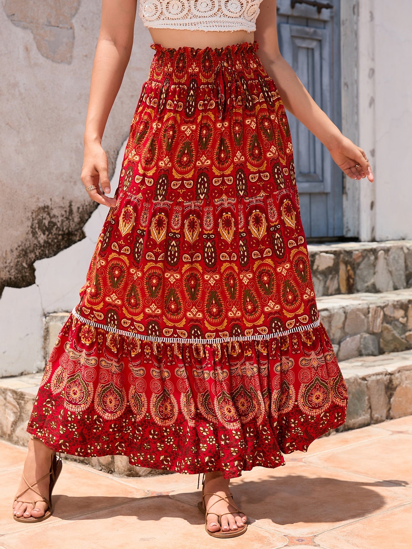 Street Wave Paisley Maxi Skirt With Playful Pattern And Ruffle Details For Women Boho Summer Look