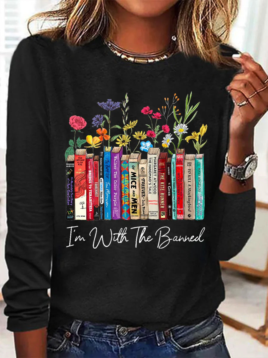 Streetwave Womens Long Sleeve Shirt With Books And Flowers Print For Book Lovers Soft Comfort