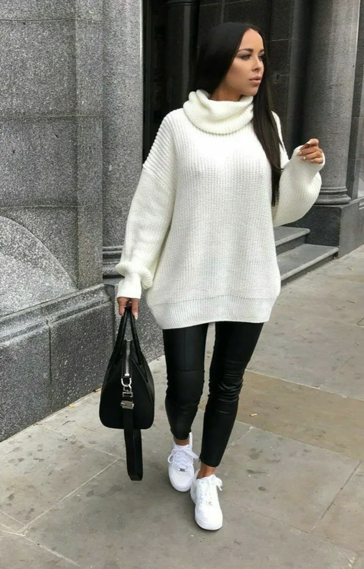 Street Wave Women Oversized Knit Sweater High Collar Cozy