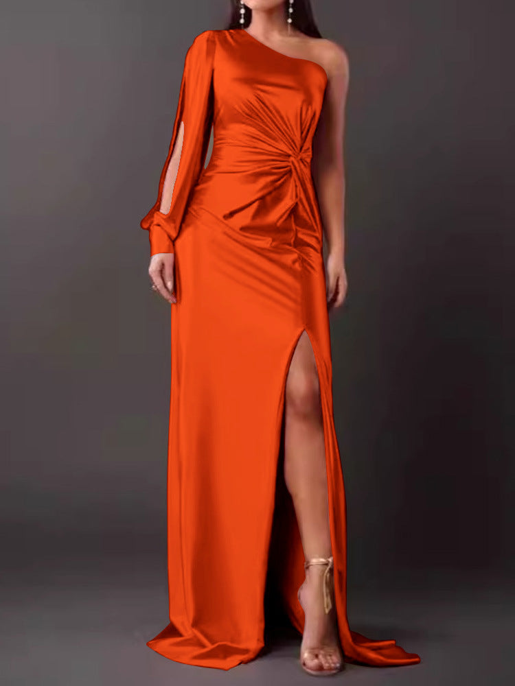 Street-wave Glamorous Navy Satin Evening Dress With Asymmetrical Neckline, Ruched Pleats, High Slit For Women