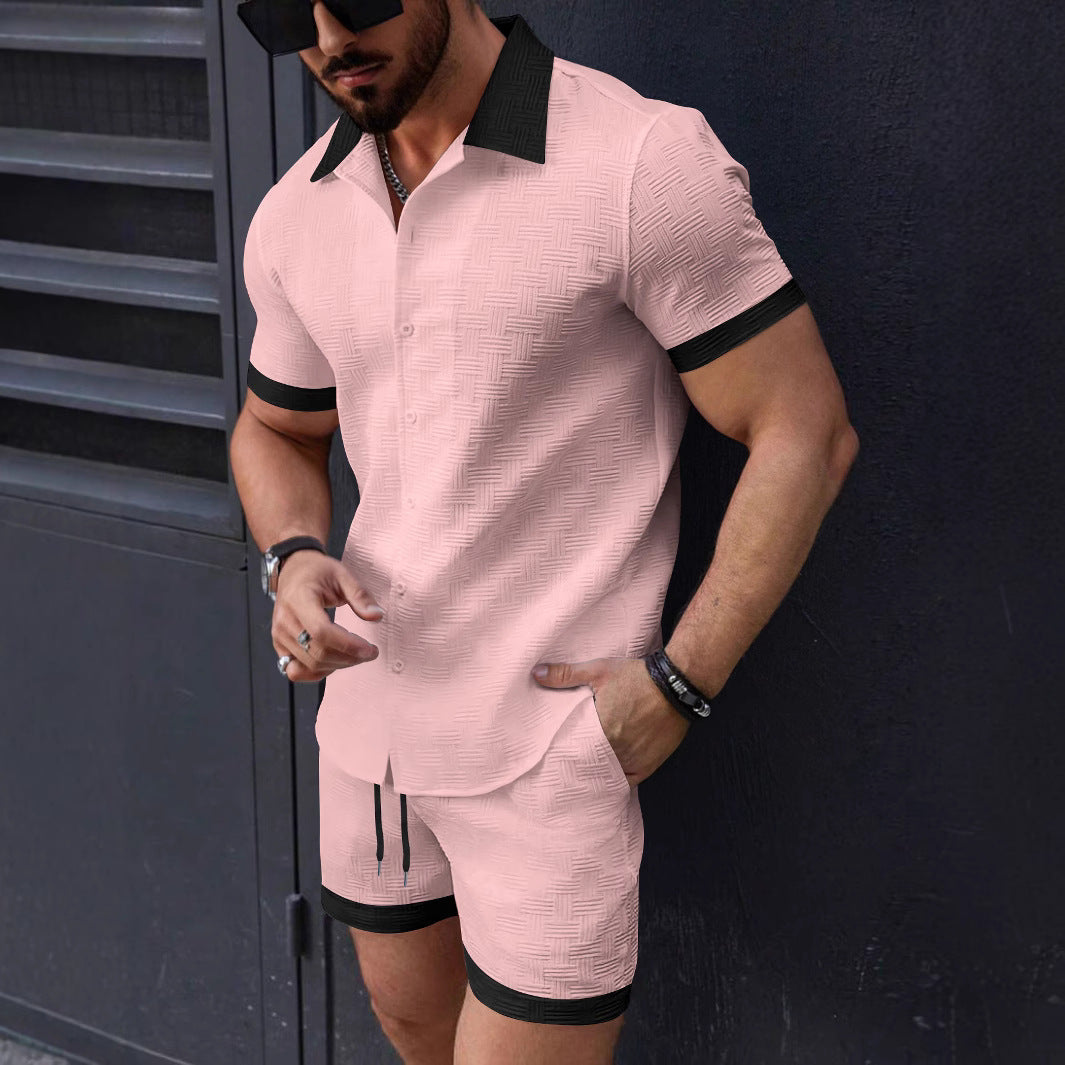 Mens Jacquard Texture Shirt And Shorts Set With Lapel Collar And Drawstring Waist Relaxed Fit