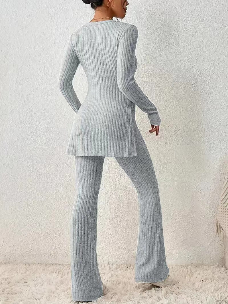 Street-Wave Women Ribbed Knit Lounge Set With Long Sleeves And Flared Pants Cozy Homewear