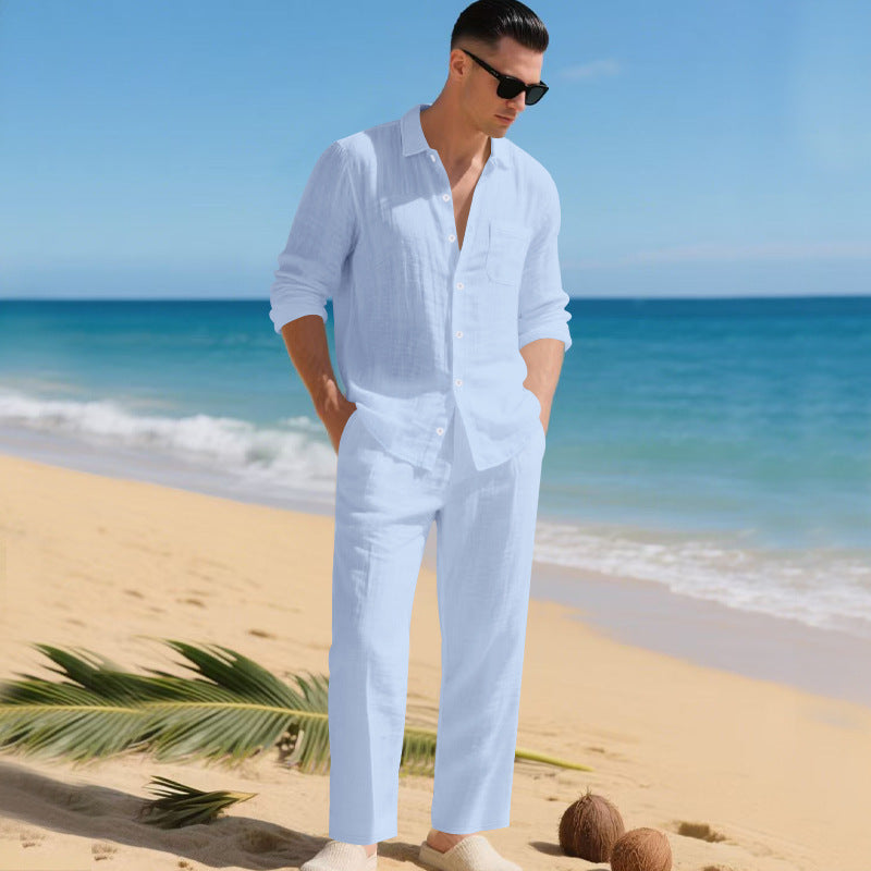 Street-wave Men's Lightweight Linen Outfit With Breathable Shirt And Elegant Trousers Summer Ready